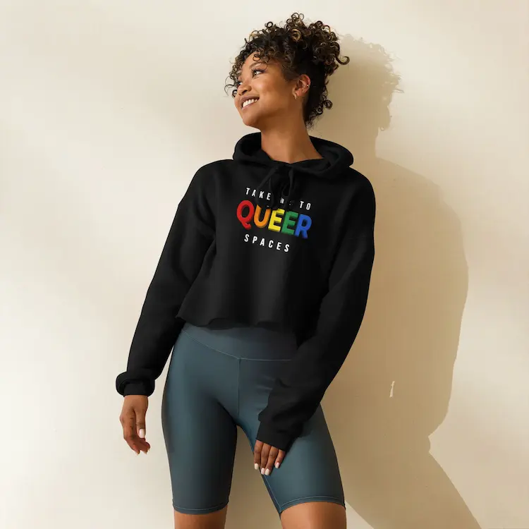 TAKE ME TO QUEER SPACES Crop Sweatshirt in Black with logo