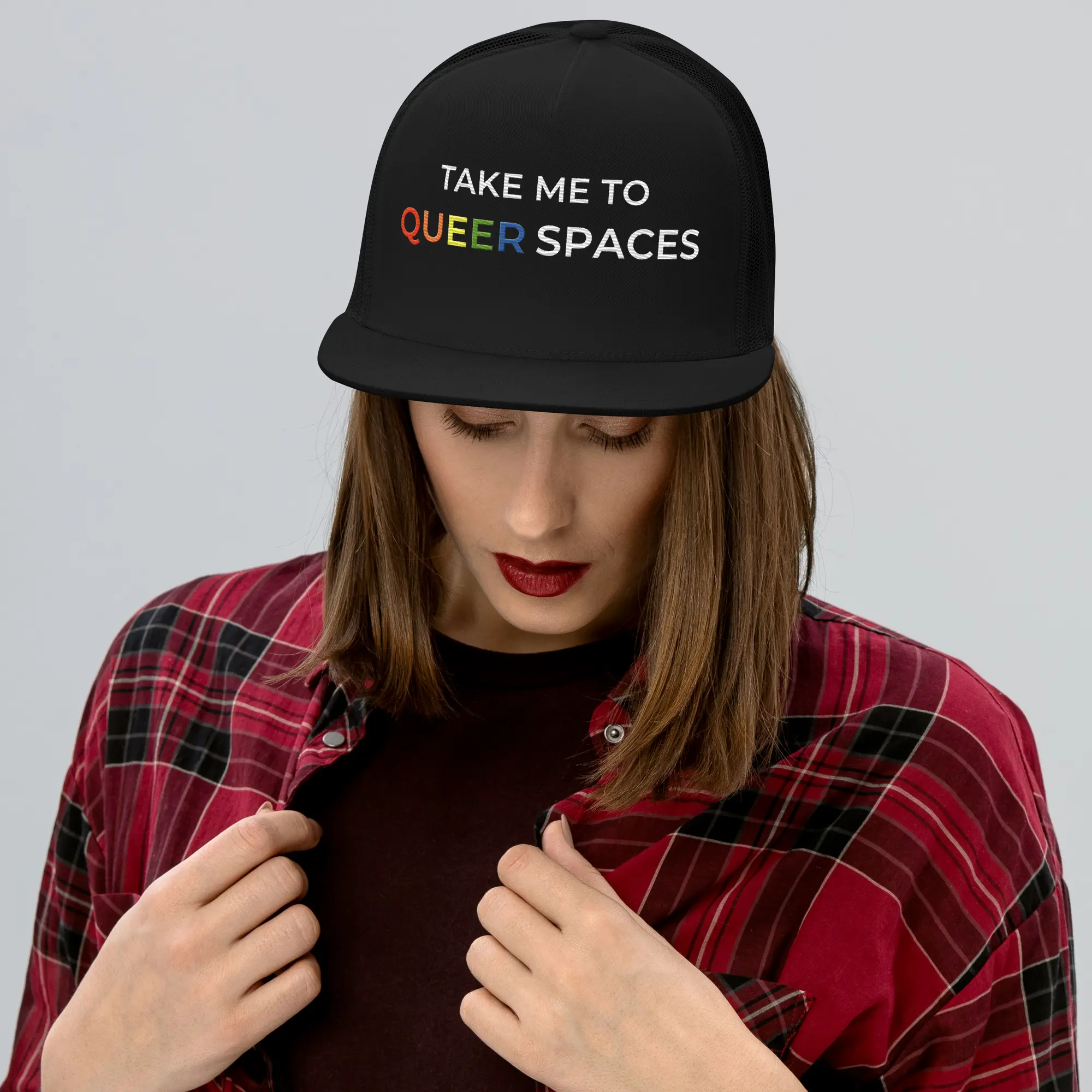TAKE ME TO QUEER SPACES Trucker Cap in Black with logo
