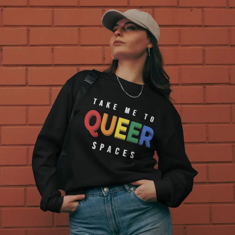 TAKE ME TO QUEER SPACES Longsleeve Tee in Black with logo