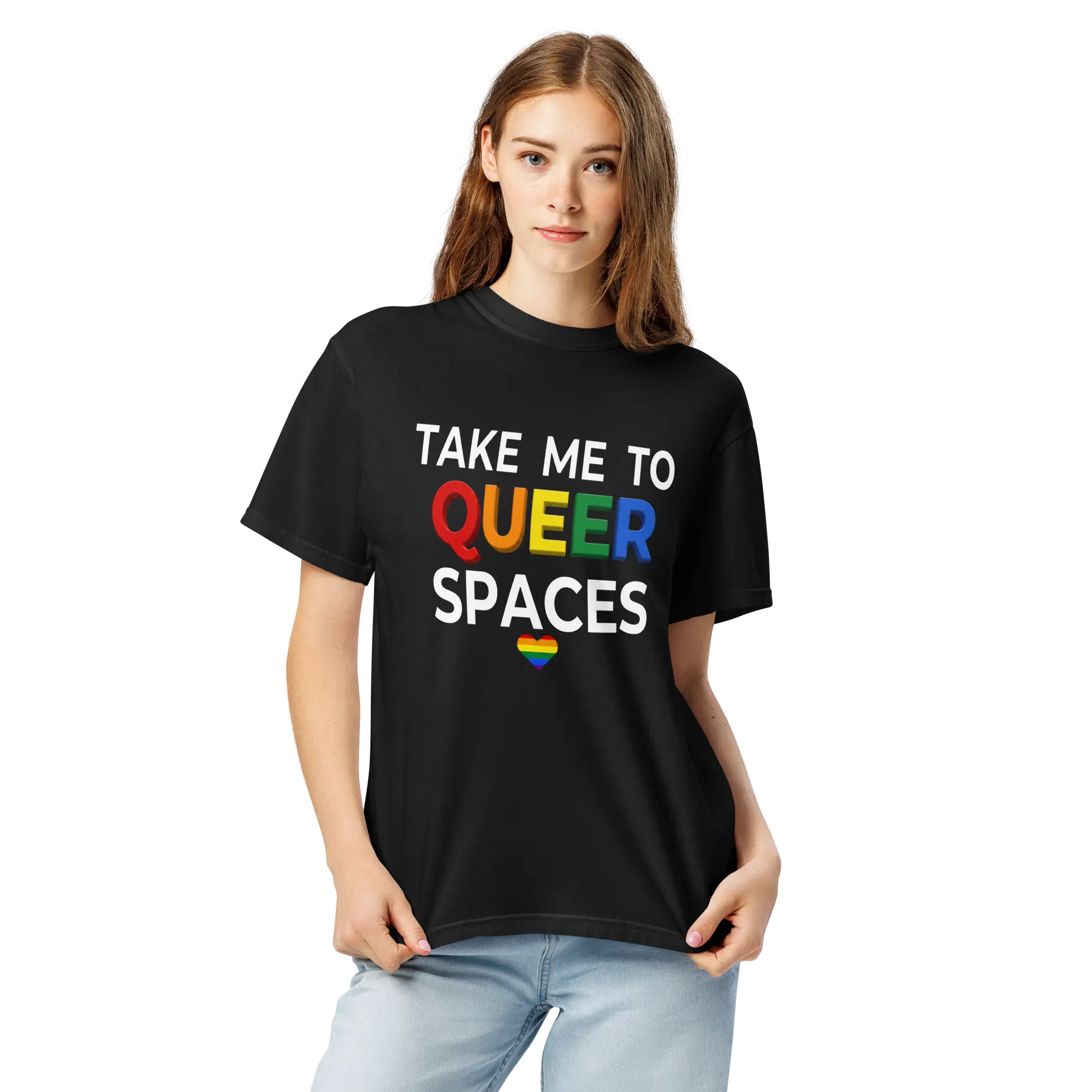 TAKE ME TO QUEER SPACES Tee in Black with logo
