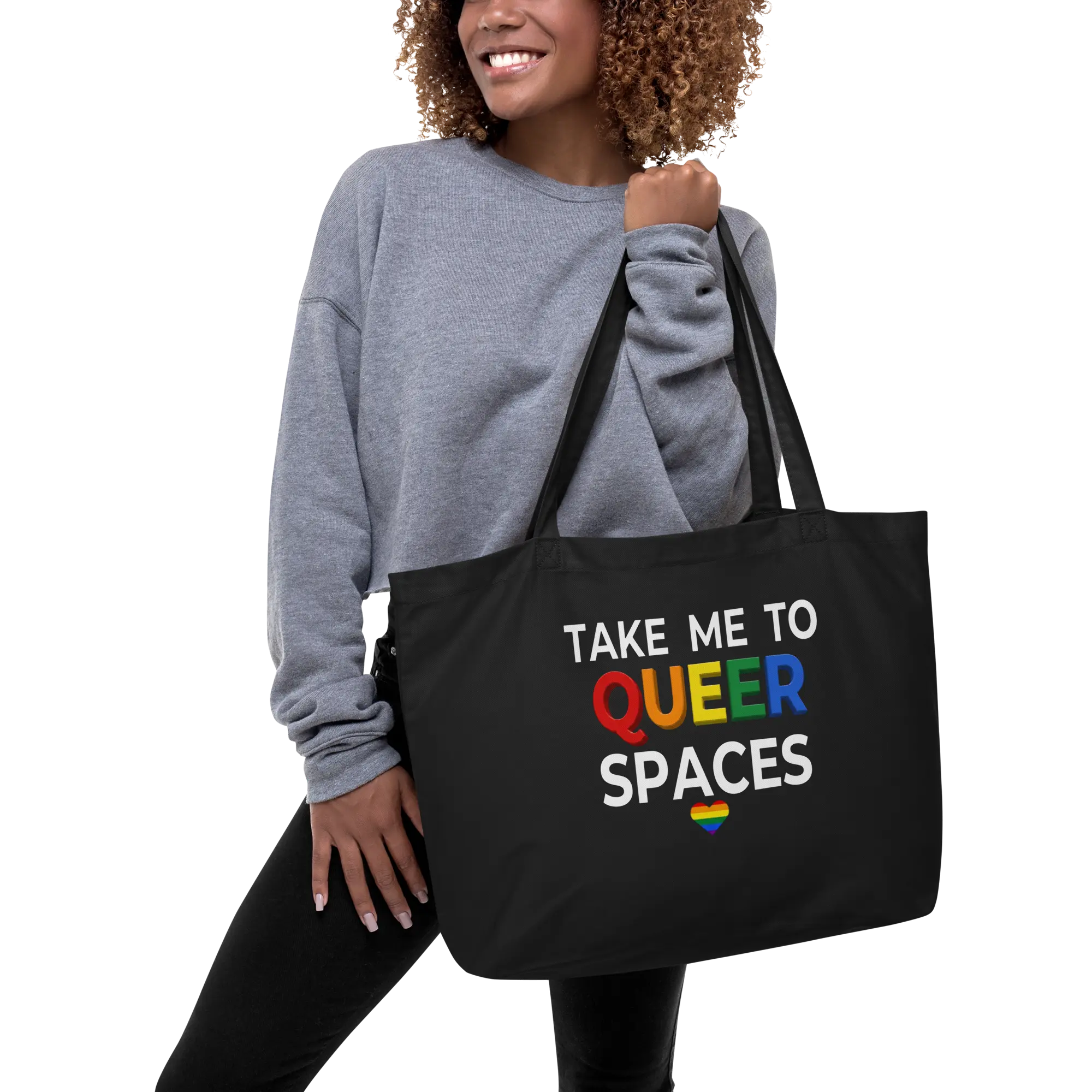 TAKE ME TO QUEER SPACES Large Tote Bag in Black with logo